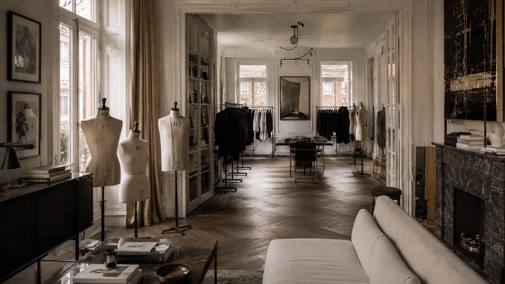Atelier de mode dans un appartement parisien haussmannien, bustes de couturier et portants de vêtements