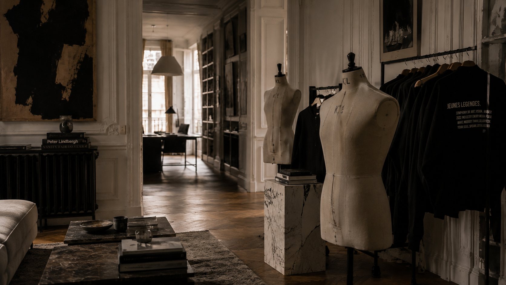 Atelier parisien au crépuscule, bustes de couturier et le sweat Jeunes Légendes sur portant