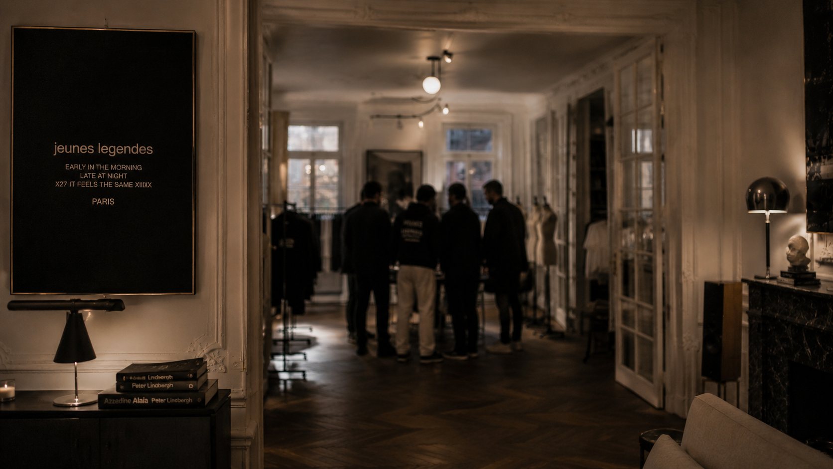Affiche Jeunes Légendes et un groupe d'hommes réunis dans l'atelier au crépuscule