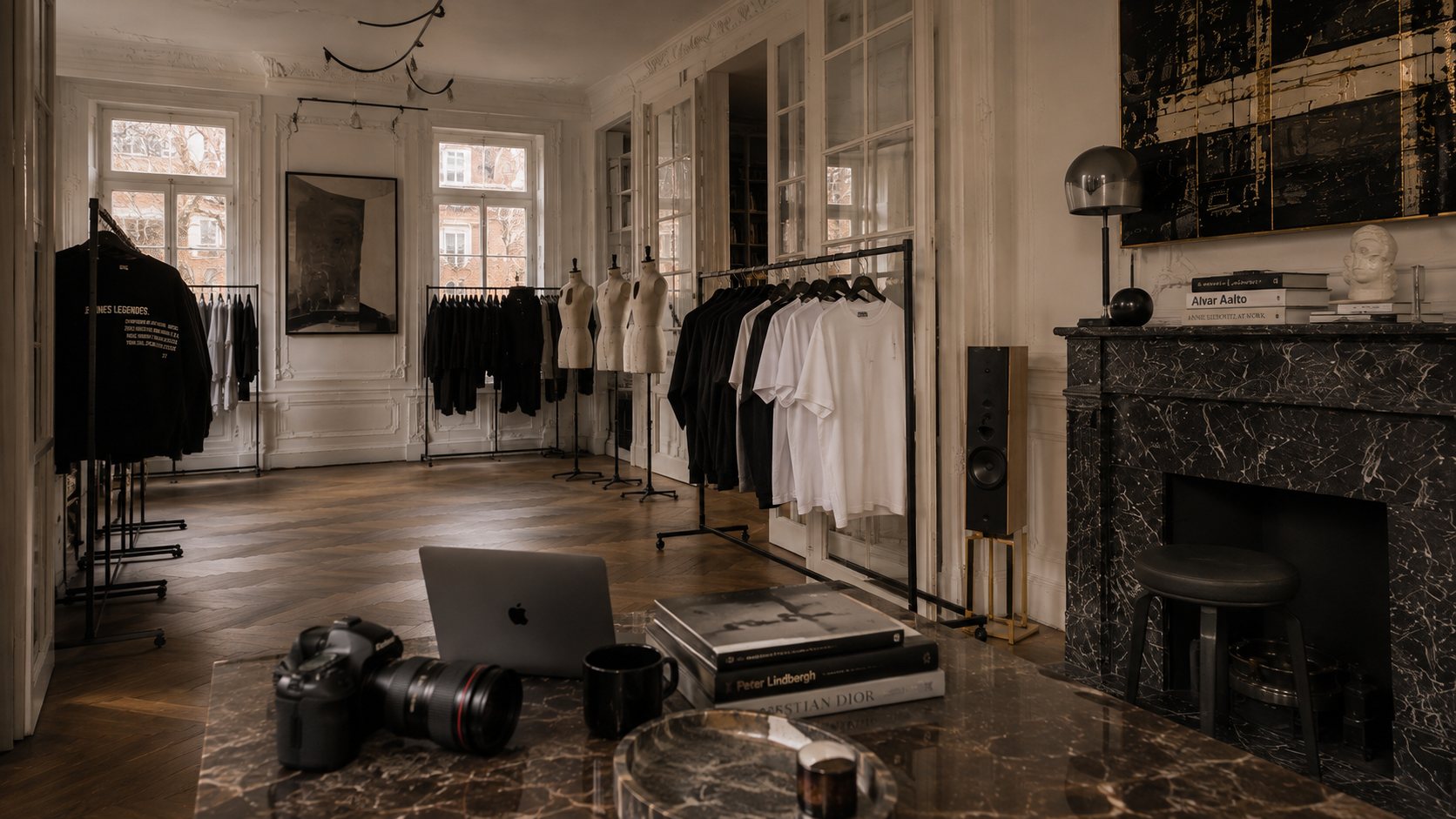 Atelier parisien de jour, MacBook et appareil photo, portants de vêtements Jeunes Légendes