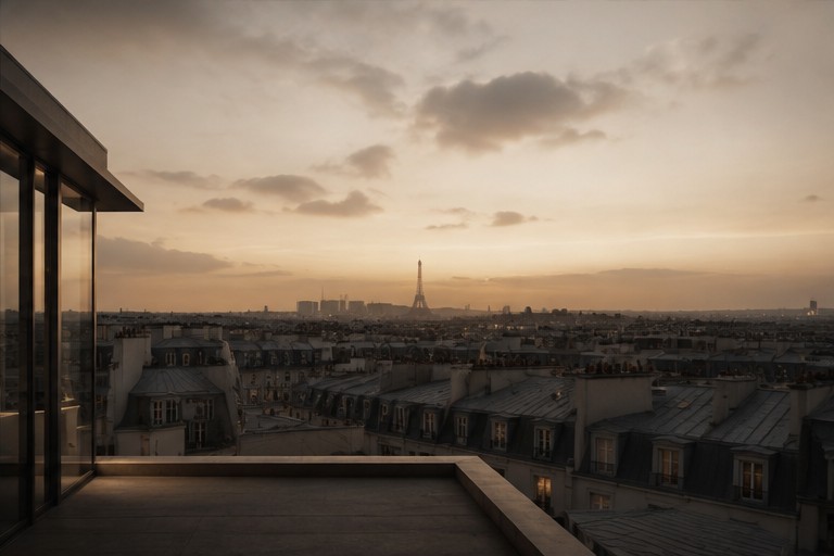 Terrasse parisienne au coucher de soleil, Tour Eiffel à l'horizon